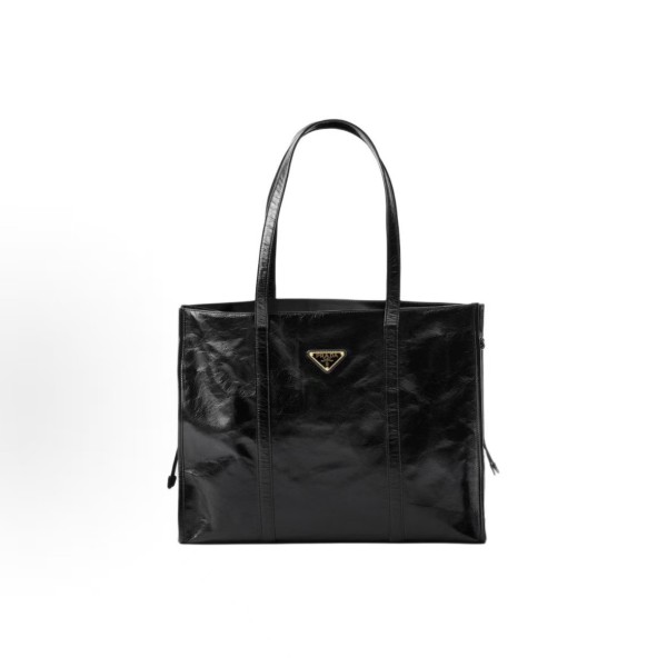 PRADA Enamel metal triangular logo Tote bag, Tote bag, shopping bag, handbag, large size for women, black